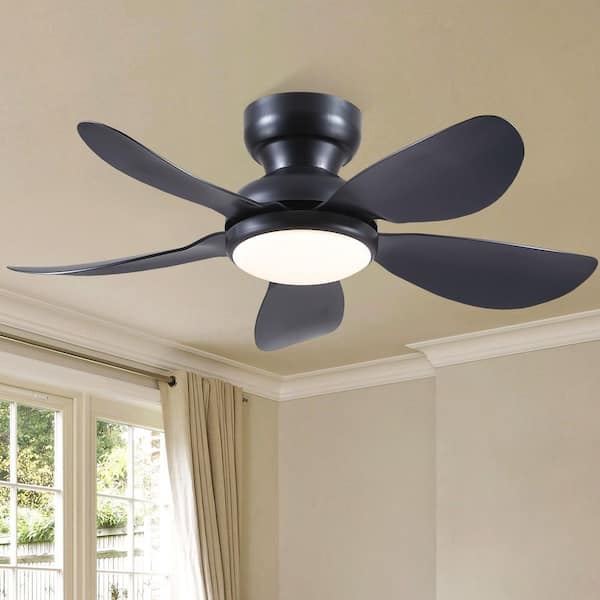 32 in. Indoor/Outdoor Black Flush Mount Ceiling Fan with Dimmable LED Lights and Remote