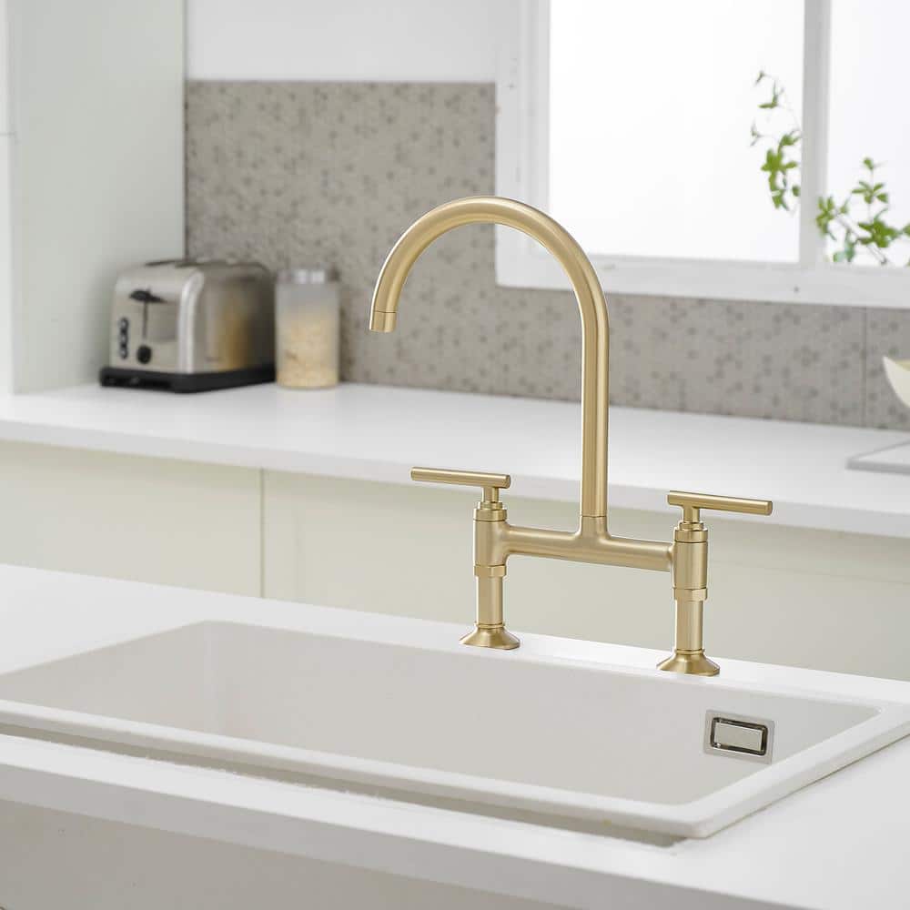 Brushed Gold Double Handle Bridge Kitchen Faucet