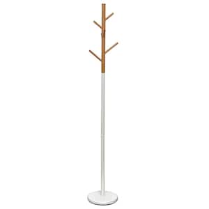 White and Bamboo Coat Rack Free Standing Hall Tree 6 Hooks