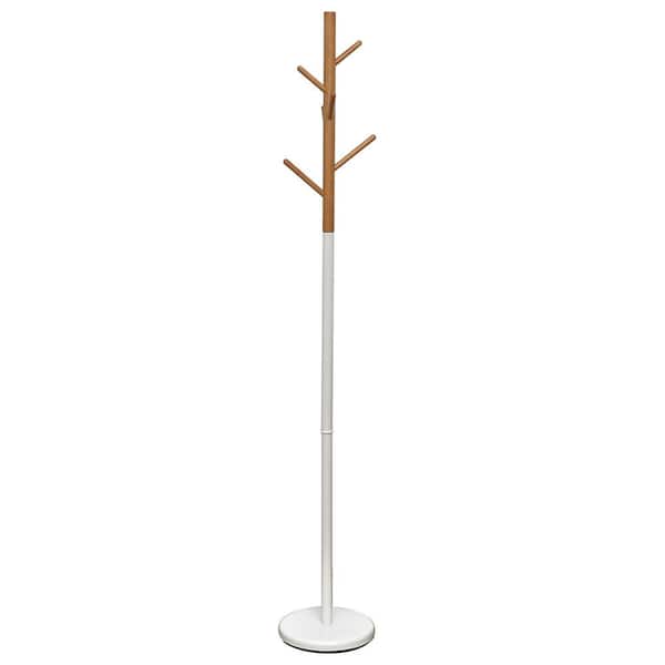 EVIDECO French home goods White and Bamboo Coat Rack Free Standing Hall Tree 6 Hooks