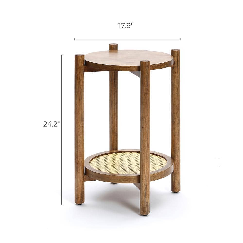 Chestnut Finish Pine and MDF Round Table with Rattan Shelf
