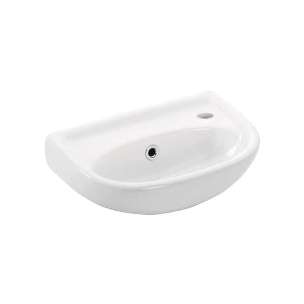 Wall Mount Bathroom Vessel Sink in Ceramic White with Basin to the Left of Faucet