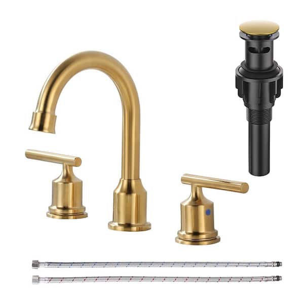 8 in. Widespread Stainless Steel Double Handle Bathroom Faucet with Pop Up Drain and Supply Hoses in Bruhsed Gold