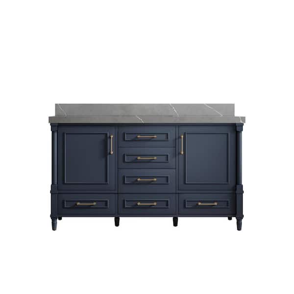 Willow Collections Hudson 60 in. W x 22 in. D x 36 in. H Single Sink Bath Vanity in Navy Blue with 2 in Piatra Gray Top