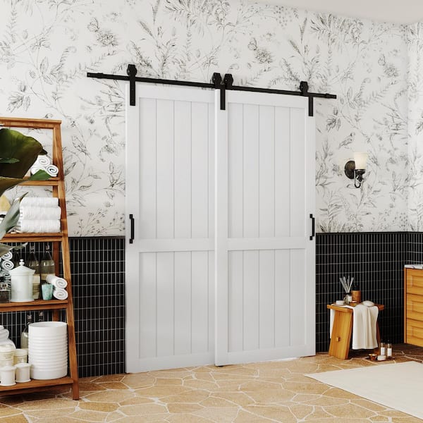60 x 84 in. (Double 30 in. W Doors) White Painted Water Proof and MDF Double H-Shaped Sliding Barn Door w/ Hardware Kit