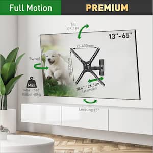 Barkan 29" to 65" Full Motion - 3 Movement Flat / Curved TV Wall Mount, Black, Patented, Touch & Tilt, Screen Leveling
