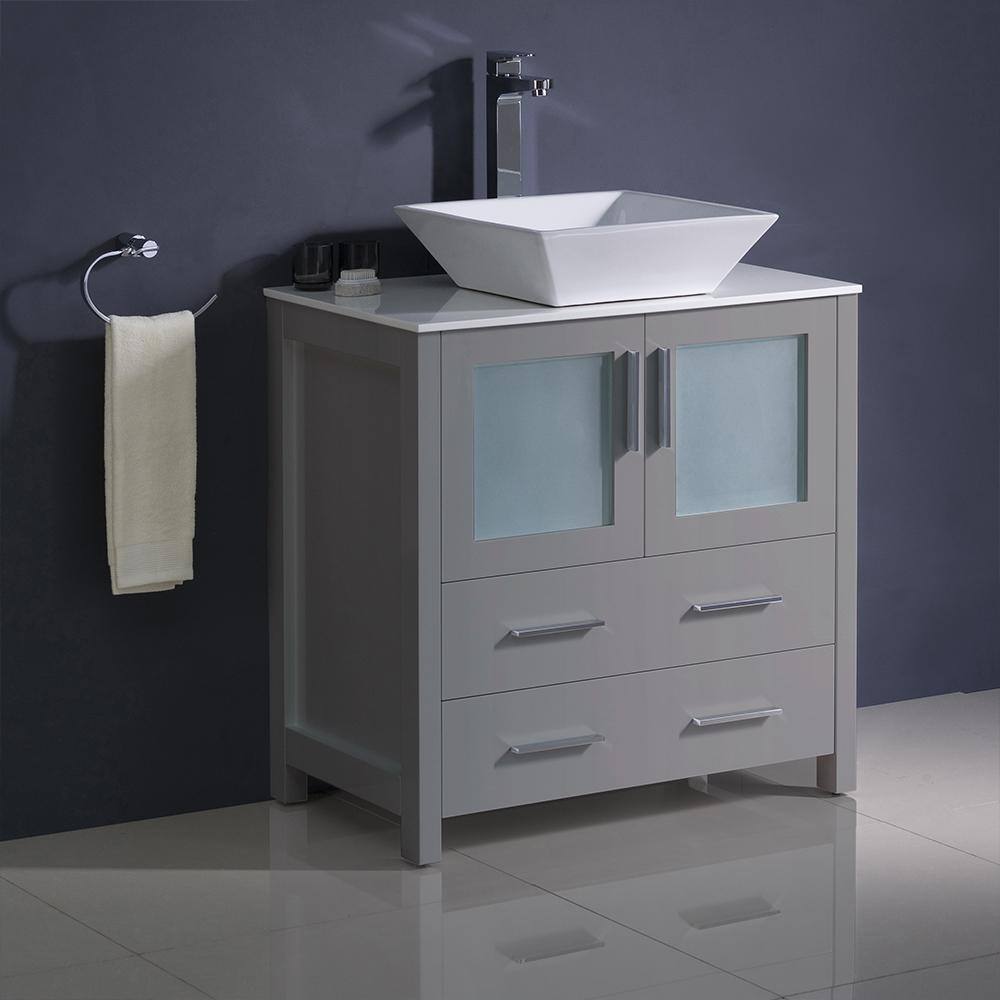 Contemporary 30" Gray Engineered Wood Bathroom Vanity with Ceramic Top