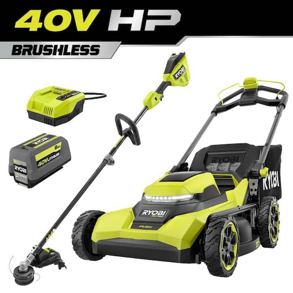 RYOBI 40V HP Brushless 21 in. Cordless Battery Walk Behind Push Lawn Mower & String Trimmer with 8.0 Ah Battery and Charger