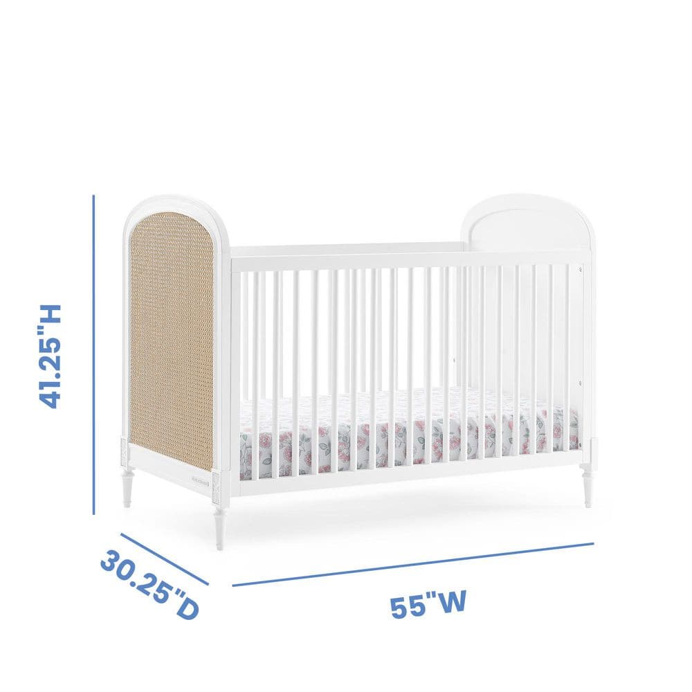 White and Natural Wood Convertible Toddler Crib with Cane Panels