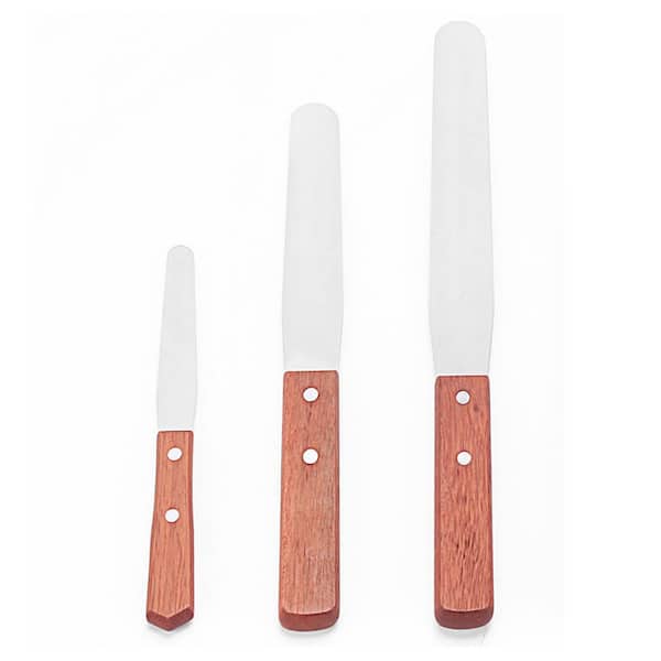 3-Piece Stainless Steel Cake Decorating Spatula Set with Red Wood Handle Silver Finish for Icing and Stripping