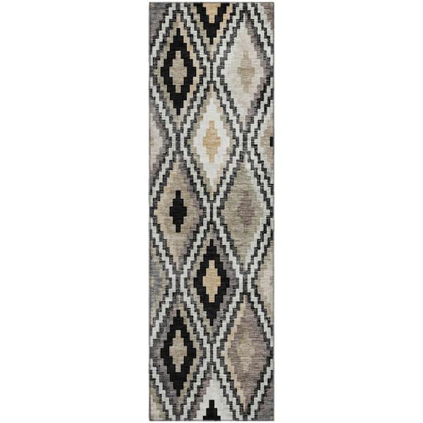 Mayfield Premium Machine Washable Abstract AMF2331 Black 2 ft. x 7 ft. Runner Rug