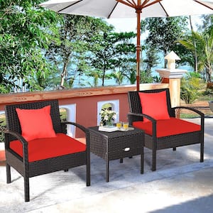 Black 3-Piece Wicker Patio Conversation Set Storage Table and Chair Set with Red Cushions