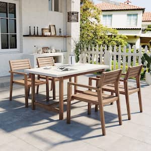 ann and hope patio dining set with led light umbrella HomeAura Natural 5-Piece Outdoor Wood Dining Set with Umbrella Hole