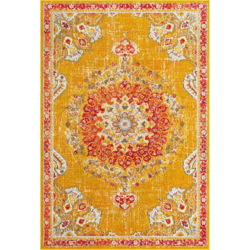 Gold and Red Medallion Synthetic Indoor Area Rug