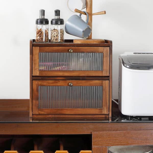 1-Piece Large Capacity Double Layer Bread Storage Box with Acrylic Window Wooden Kitchen Organizer Set