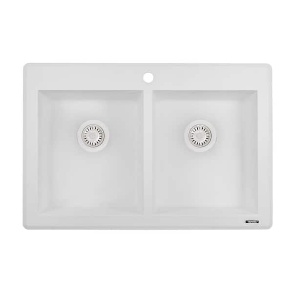 epiGranite 33 in. Drop-in Topmount 50/50 Double Bowl Kitchen Sink in Arctic White Granite Composite