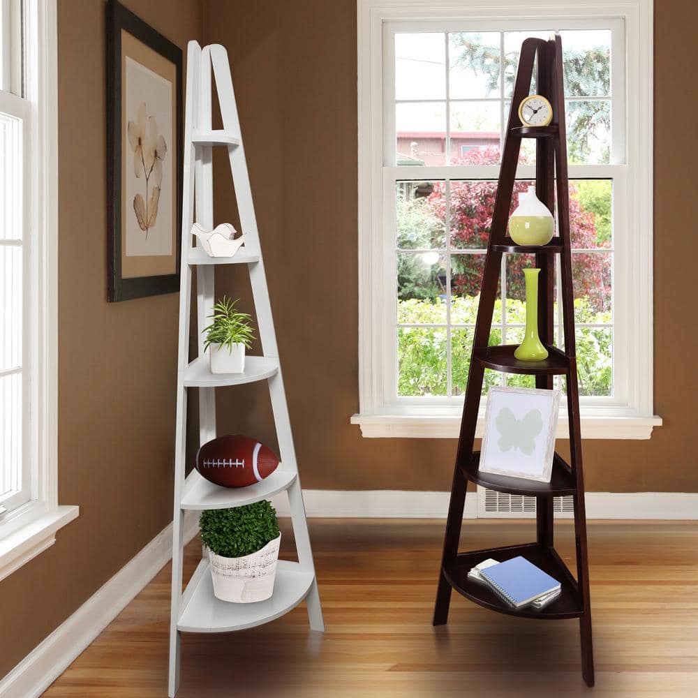 Elegant White Solid Pine 5-Shelf Corner Ladder Bookcase