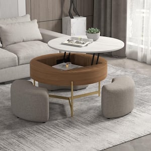 31.5 in. Brown Lift Top Round Wood Coffee Table with 3-Linen Stools