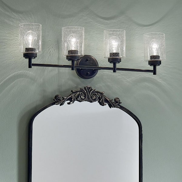 KICHLER Winslow 30 in. 4-Light Black Contemporary Bathroom Vanity Light with Seeded Glass Shade