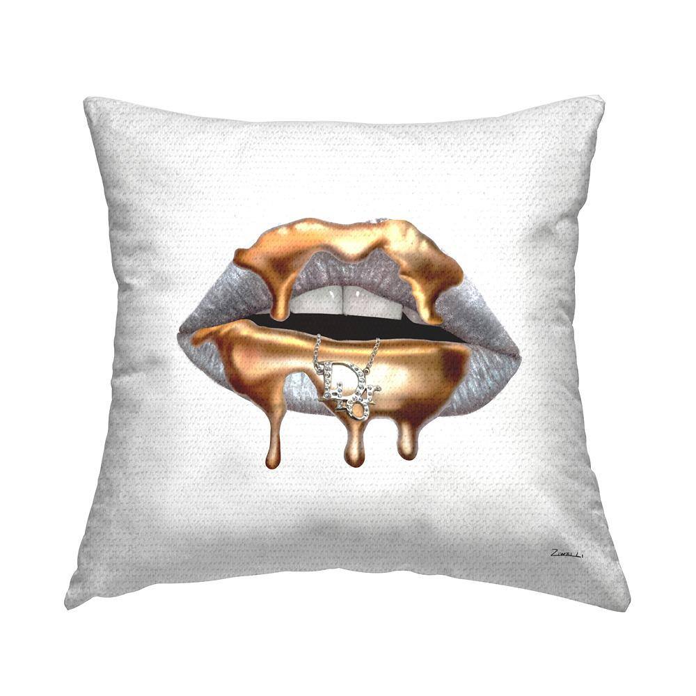 Glam Silver Lip Portrait Fashion With Gold Drip Printed Pillow Grey Square Outdoor Throw Pillow price history on PriceWatchPro