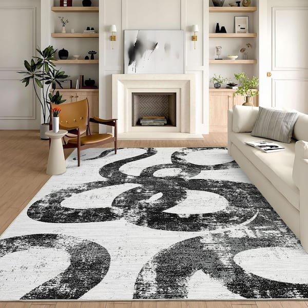 Black and White 5 ft. x 7 ft. Ultra Thin Low Pile Foldable Lightweight Rug Snake Print Washable Polyester Area Rug