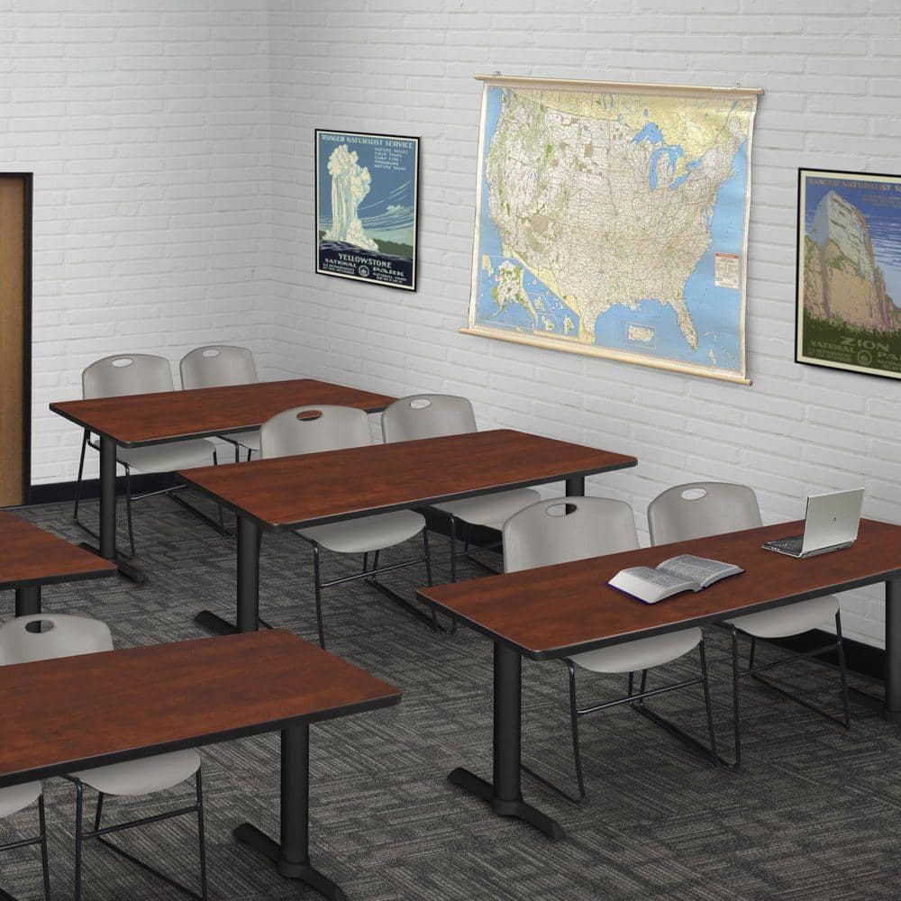 Cain 72 in x 24 in. Cherry T-Base Training Seminar Table Desk and 2 Zeng Stack Chairs-Grey