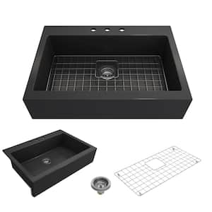 Nuova Matte Dark Gray Fireclay 34 in. Single Bowl Drop-In Apron Front Kitchen Sink with Protective Grid and Strainer