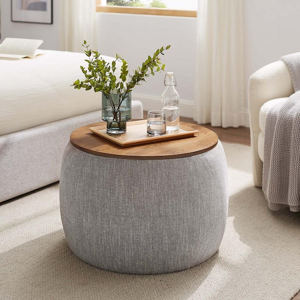MODWAY Perla Woven Heathered Fabric Upholstered Storage Ottoman in Heathered Weave Wheat