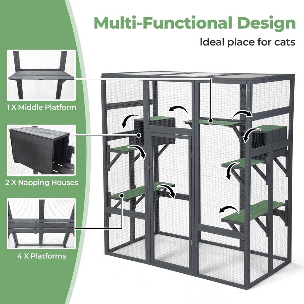 Gray Fir Wood Outdoor Cat Enclosure with Platforms and Condos
