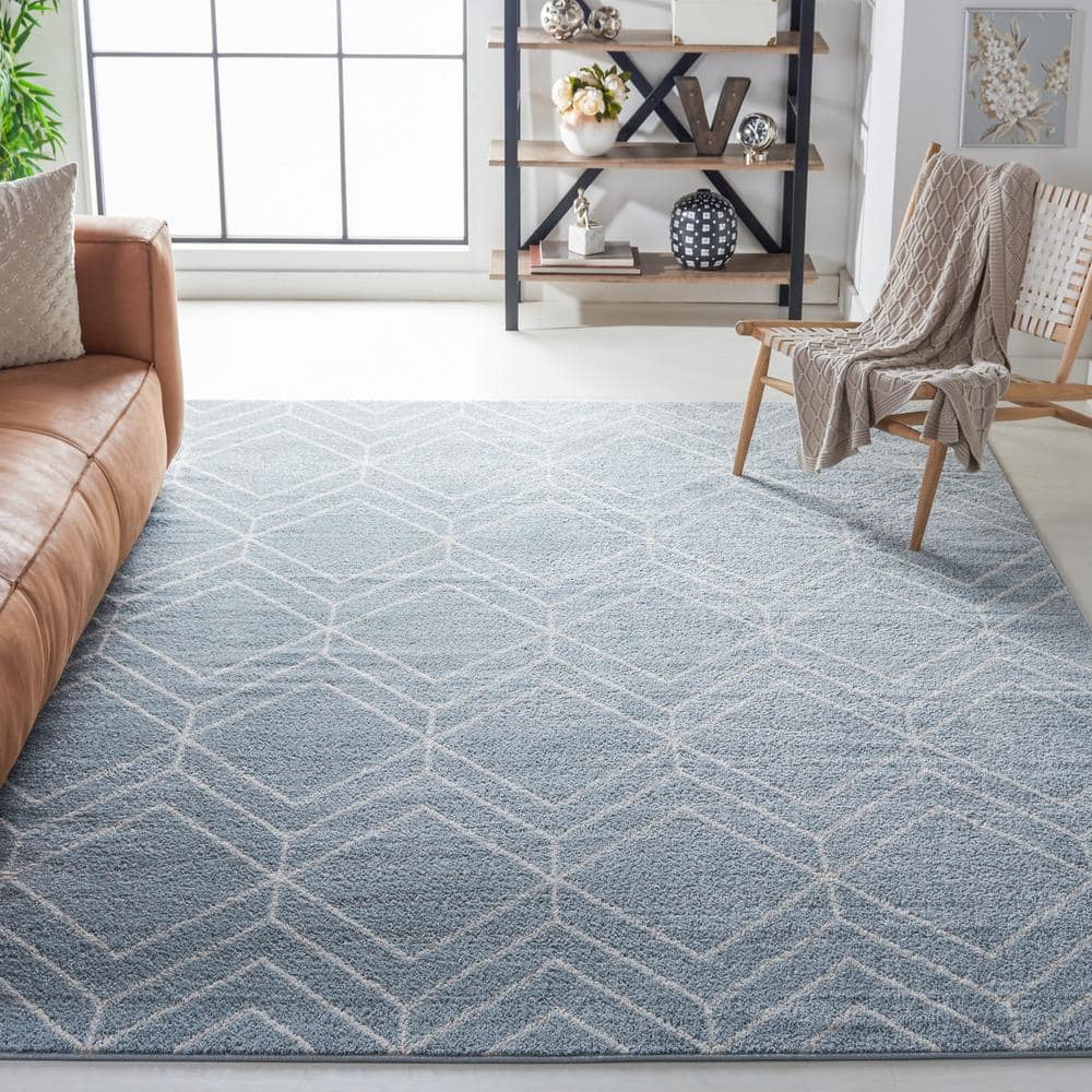 Ivory and Blue Geometric Square Synthetic Rug - 4' Hand-Knotted