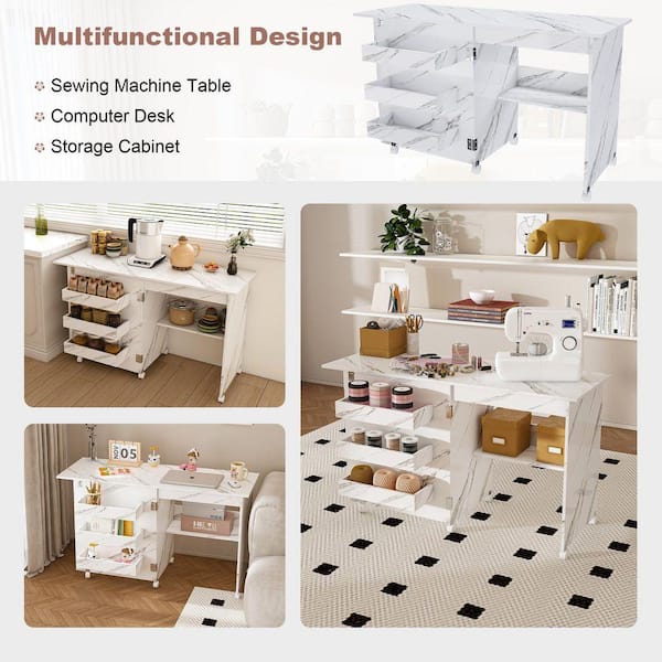 45.67 in. W White Wood 4-in-1 Folding Craft Sewing Table with