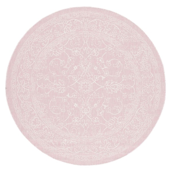 Courtyard Soft Pink/Ivory 7 ft. x 7 ft. Border Floral Scroll Indoor/Outdoor Round Area Rug
