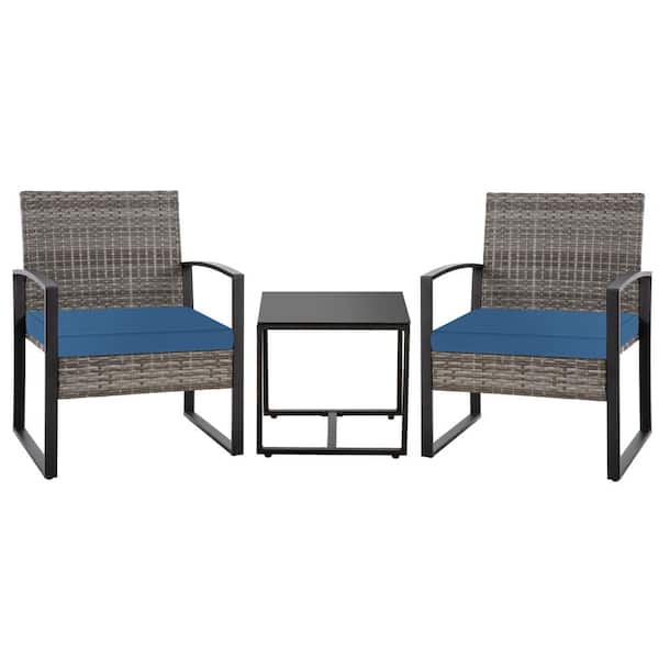 Unbranded 3-Piece Gray Outdoor PE Wicker Patio Conversation Set with Blue Cushions and Side Table