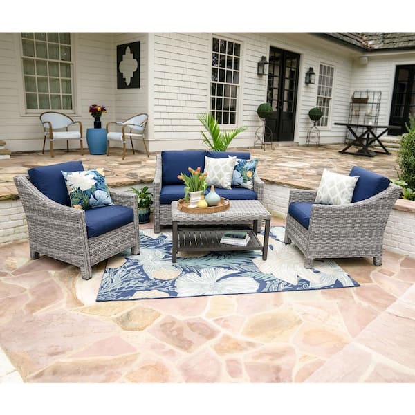 Leisure Made Marietta 4-Piece Wicker Patio Conversation Set with Navy Cushions