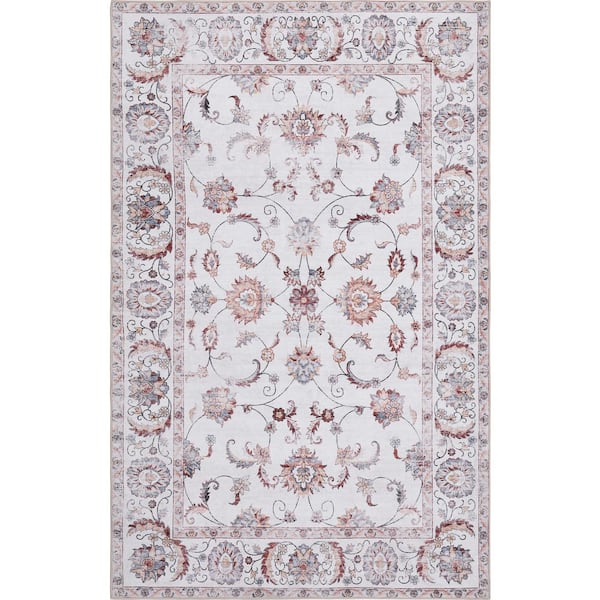 Arabella Vintage Floral Border Machine-Washable Cream/Terra 8 ft. x 10 ft. Area Rug