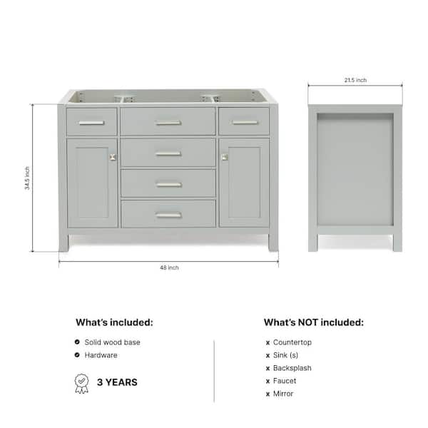 Bristol 48 in. W x 21.5 in. D x 34.5 in. H Freestanding Bath Vanity Cabinet without Top in Gray