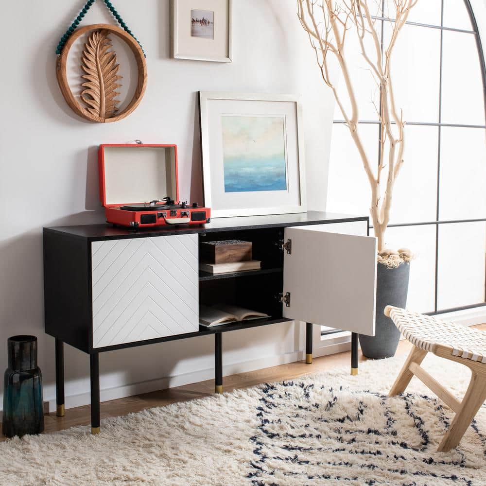 Retro Flair Black and White Media Console with Brass Caps, 55"