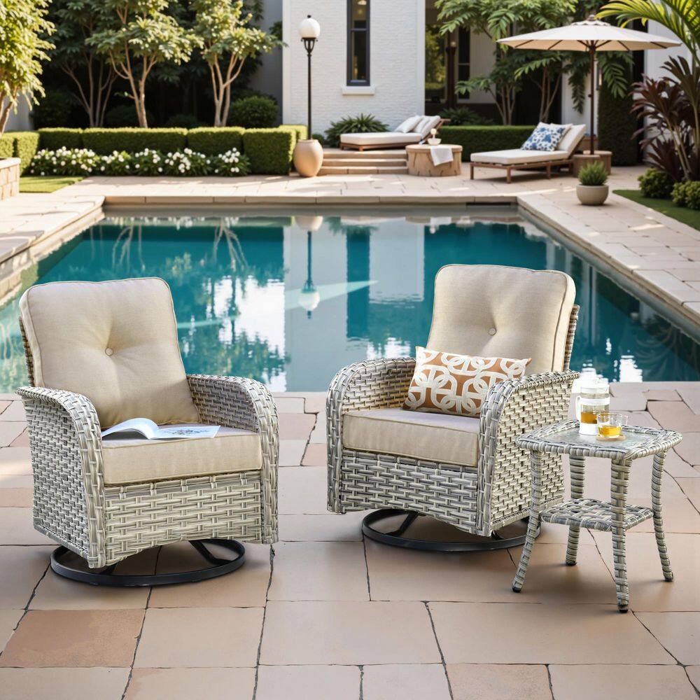 Beverly Gray 3-Piece Wicker Outdoor Patio Conversation Swivel Rocking Chair Seating Set with Beige Cushions price history on PriceWatchPro