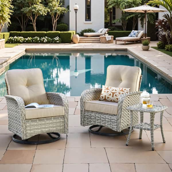 Toject Beverly Gray 3-Piece Wicker Outdoor Patio Conversation Swivel Rocking Chair Seating Set with Beige Cushions