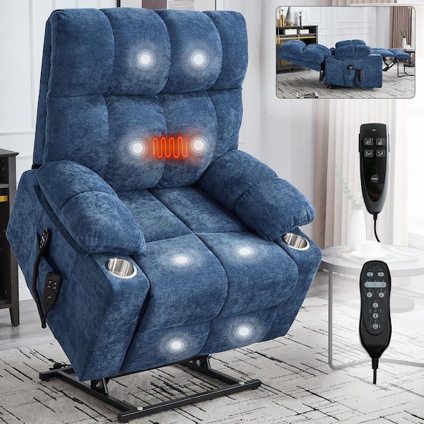 Blue Chenille Power Lift Recliner Chair, Heavy Duty Motion Mechanism with 8-Point Vibration Massage and Lumbar Heating