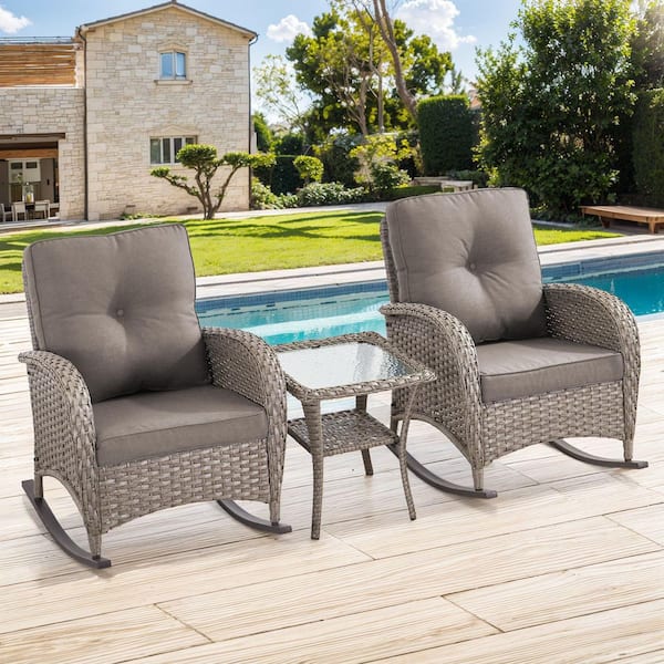 SleekArm 5-Piece Gray Wicker Patio Conversation Set with Olefin Gray Cushion/3-Seat Sofa with Rocking Chairs