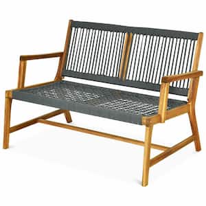 Wooden Outdoor Loveseat Rope Bench Patio Garden with Armrest and Backrest