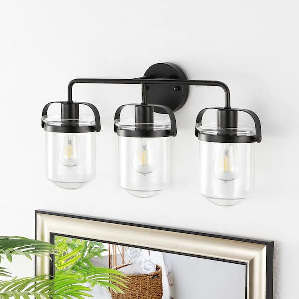 22.8 in. 3-Light Black Vanity Light with Clear Glass Shade