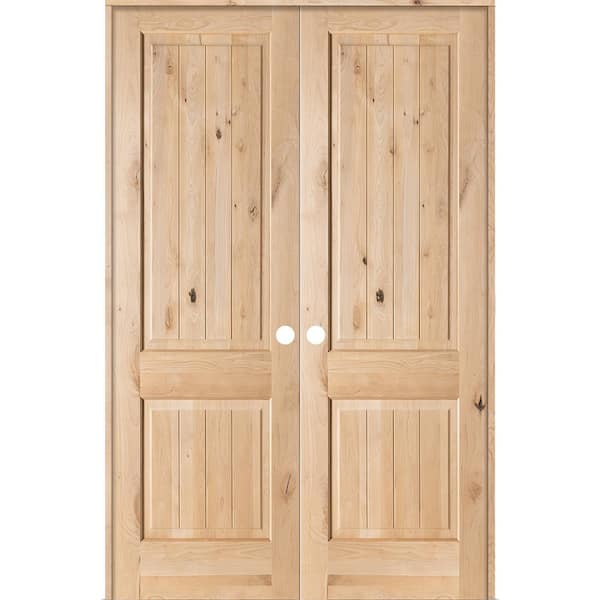 Krosswood Doors 56 in. x 96 in. Rustic Knotty Alder 2-Panel Sq-Top w.VG Both Active Solid Core Wood Double Prehung Interior French Door