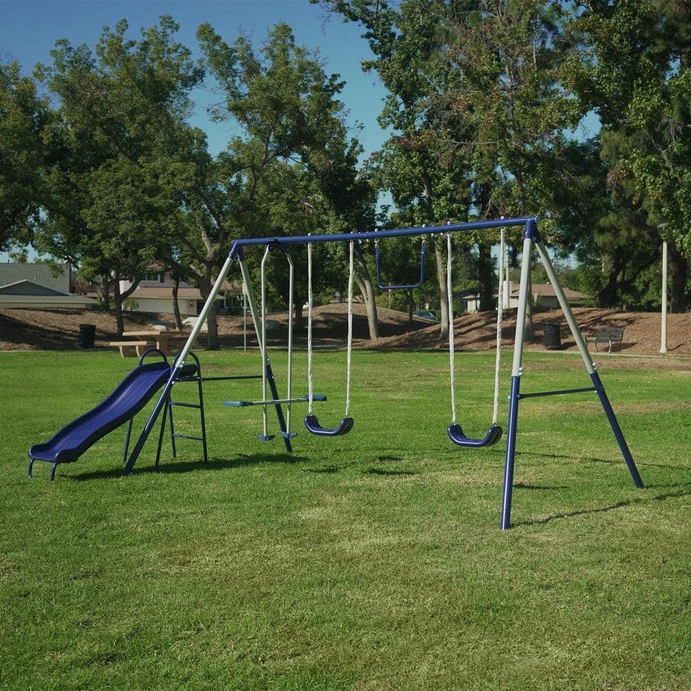 Blue Metal Swing Set with Slide and Glider