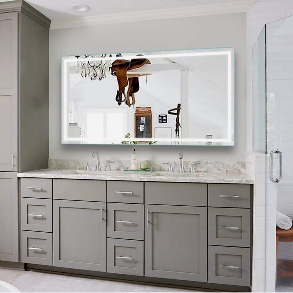 FNEEHY 72 in. W x 36 in. H Large Rectangular Frameless Front & Backlit Dimmable Bathroom Vanity Mirror in Shatterproof Glass, Silver