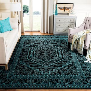 Adirondack Black/Teal 6 ft. x 6 ft. Square Medallion Border Area Rug