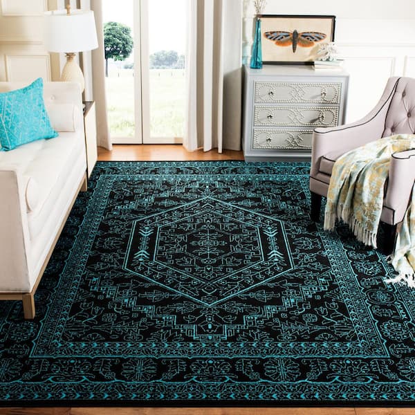 Adirondack Black/Teal 8 ft. x 8 ft. Border Medallion Square Area Rug