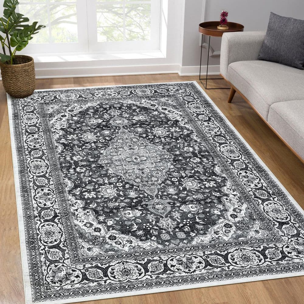 Black Gray 8 ft. x 10 ft. Retro Circular Pattern Short Pile Foldable ...