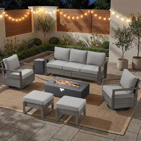 CubeEdge 7-Piece Gray Wicker Fire Pit Conversation Set with Olefin Gray Cushions and Couch/ Patio Swivel Chairs